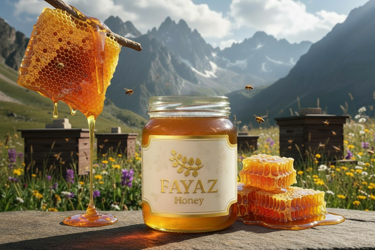 Add some beehives and whole honey that you can eat next to the honey jar but still with my logo and still in wild mountains in Uzbekistan